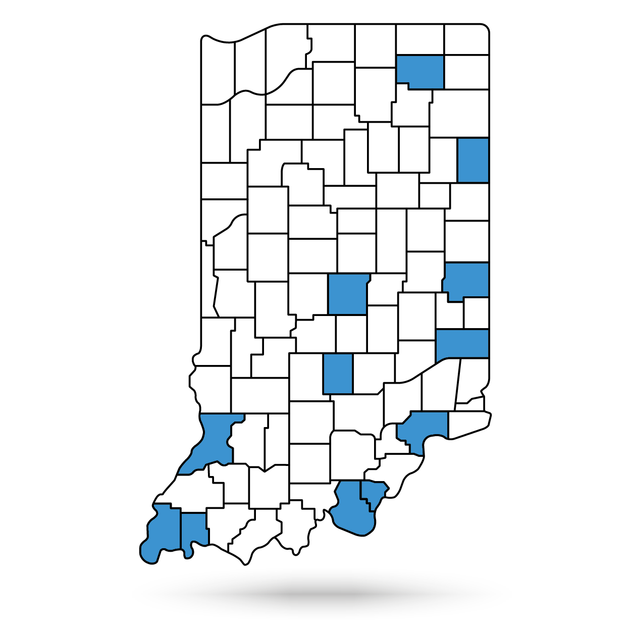 graphic of state of Indiana highlighting state historic site counties in blue