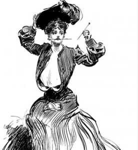 black and white illustration of Victorian woman putting hat pin in