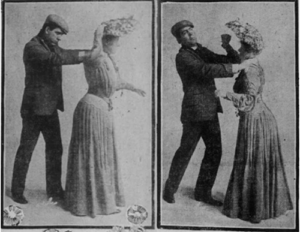 black and white photograph of Victorian woman being attacked by man and pulling out her hat pin