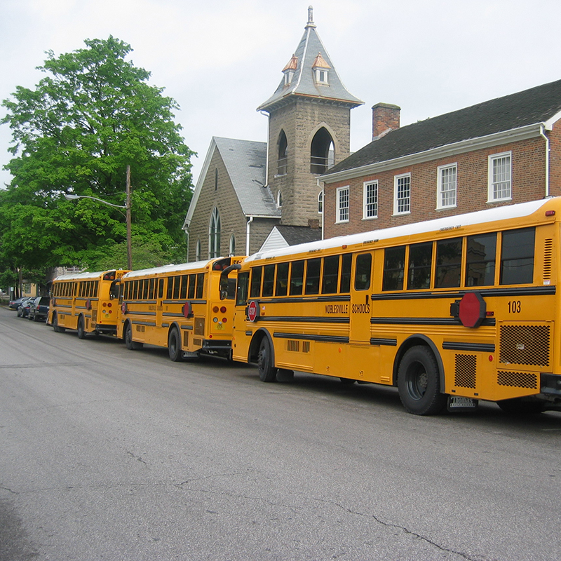 school buses parked outside Corydon Capitol State Historic Site